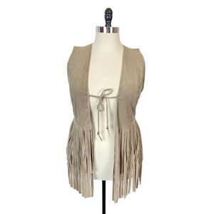 Women's Tan Sleeveless Ultra Suede Vegan Fringe Tie Front Vest size XL